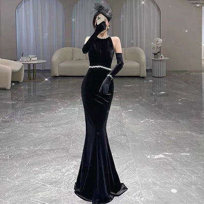 Glam Mermaid Scoop Black Tie Kleid Ballkleider Samt Abend Lang Semi Formales Kleid RB3740
