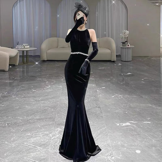 Glam Mermaid Scoop Black Tie Kleid Ballkleider Samt Abend Lang Semi Formales Kleid RB3740