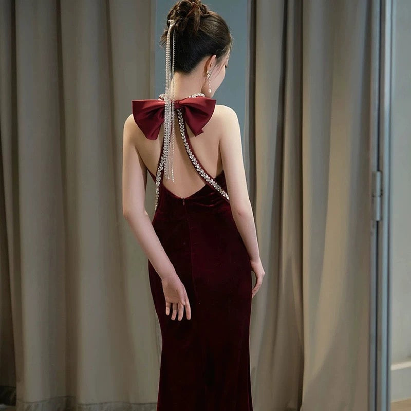 Glam Mermaid Scoop Black Tie Kleid Ballkleider Samt Abend Lang Semi Formales Kleid RB3740