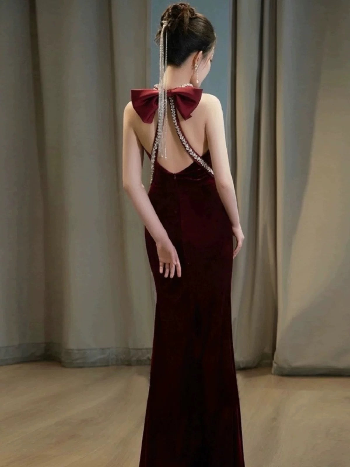Glam Mermaid Scoop Black Tie Kleid Ballkleider Samt Abend Lang Semi Formales Kleid RB3740