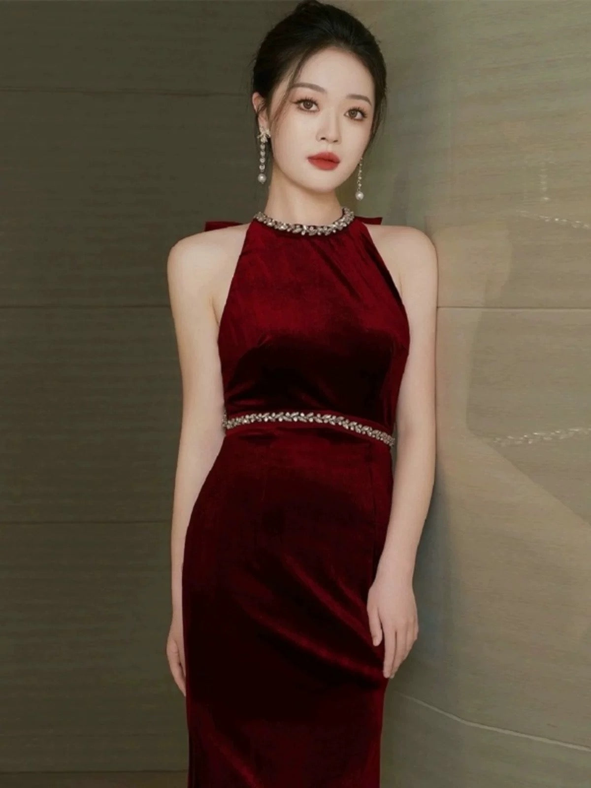 Glam Mermaid Scoop Black Tie Kleid Ballkleider Samt Abend Lang Semi Formales Kleid RB3740