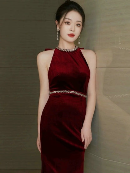 Glam Mermaid Scoop Black Tie Kleid Ballkleider Samt Abend Lang Semi Formales Kleid RB3740