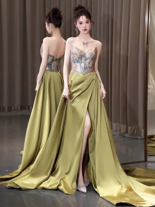 Elegante Abschlussballkleider A-Linie Trägerlos Grüner Satin Abend Lange Formelle Party Outfits RB3741