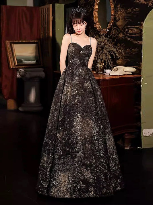 Prinzessin Abschlussballkleider Ballkleid Spaghetti-Träger Schwarz Abend Lang Formelles Kleid RB3742
