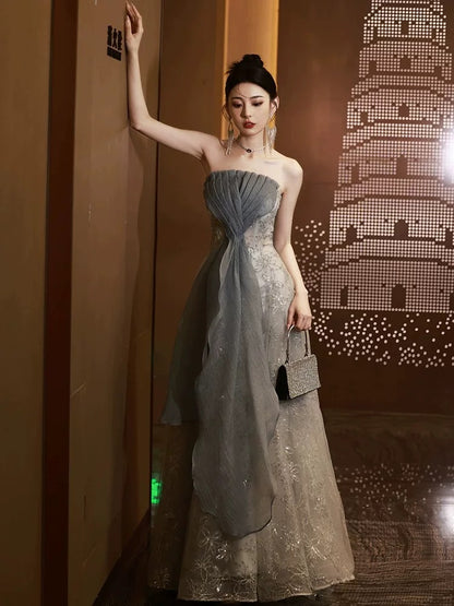 Timeless A Line Strapless Gray Sleeveless Lace Date Night Outfits Semi Formal Prom Gown Wedding Guest Dresses RB5274