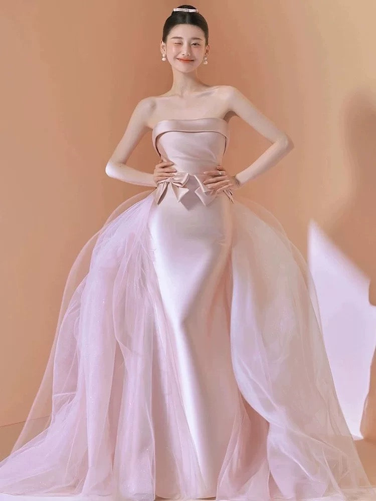 Flamboyant Women's Mermaid Strapless Pink Satin Long Date Night Evening Outfit Formal Prom Dresses RB5276