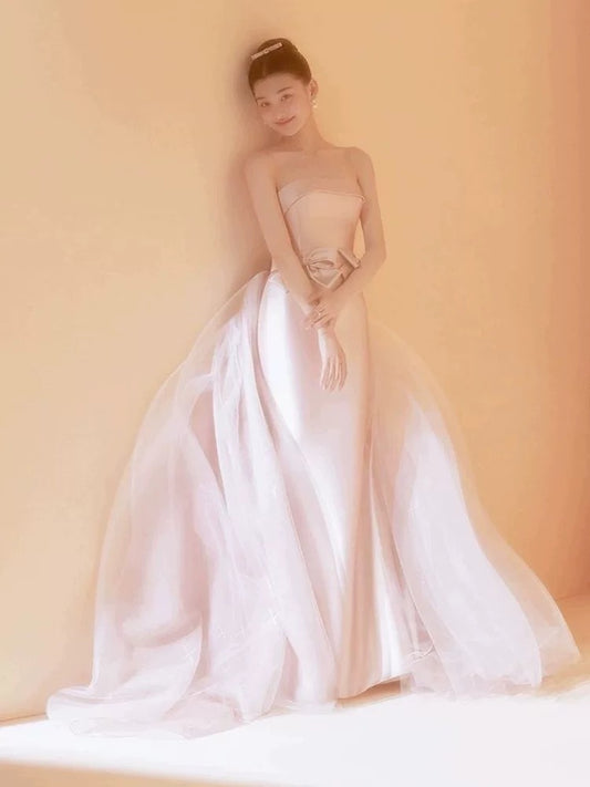 Flamboyant Women's Mermaid Strapless Pink Satin Long Date Night Evening Outfit Formal Prom Dresses RB5276