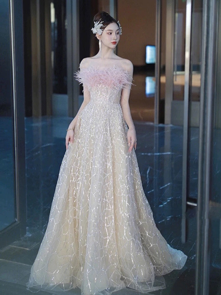 Flamboyant Women's A line Strapless Champagne Sequined Maxi Date Night Evening Outfit Formal Prom Dresses RB5275