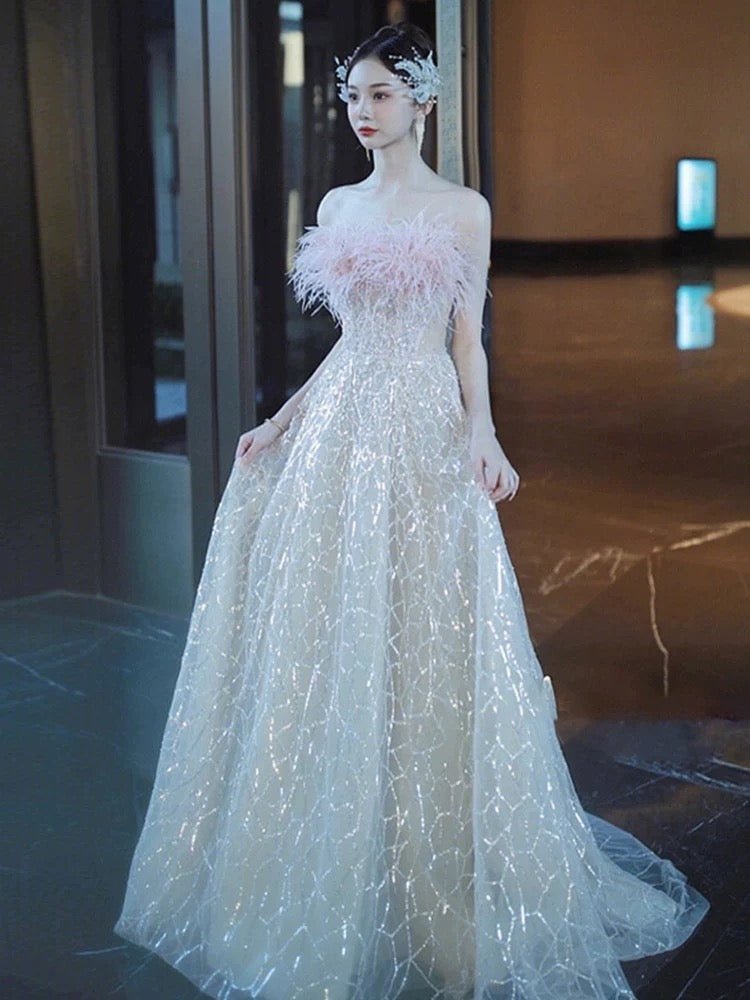 Flamboyant Women's A line Strapless Champagne Sequined Maxi Date Night Evening Outfit Formal Prom Dresses RB5275