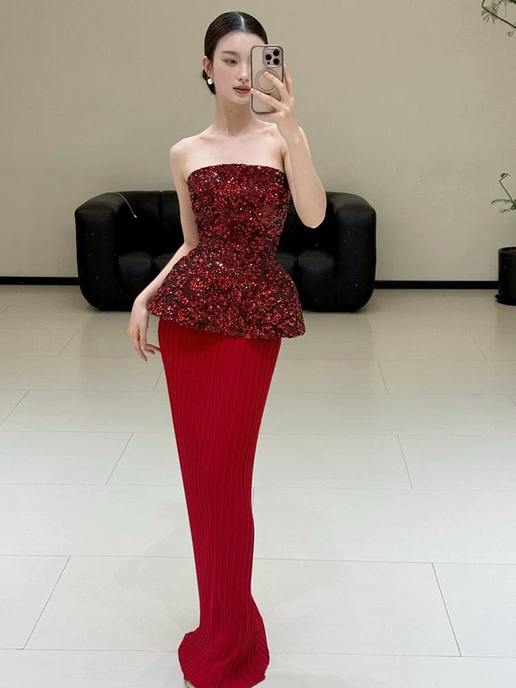 Extravagant Sheath Sweetheart Red Sequin With Gloves Long Floor Length Evening Dresses Inspo Evening Outfits RB5240