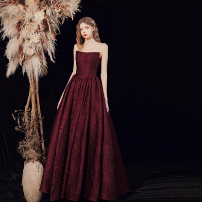 Timeless A Line Strapless Burgundy Satin Date Night Outfits Semi Formal Prom Wedding Guest Dresses RB5271