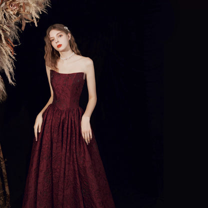 Timeless A Line Strapless Burgundy Satin Date Night Outfits Semi Formal Prom Wedding Guest Dresses RB5271
