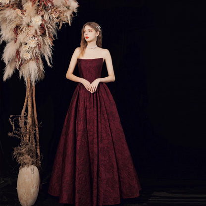 Timeless A Line Strapless Burgundy Satin Date Night Outfits Semi Formal Prom Wedding Guest Dresses RB5271
