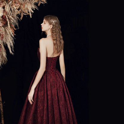 Timeless A Line Strapless Burgundy Satin Date Night Outfits Semi Formal Prom Wedding Guest Dresses RB5271