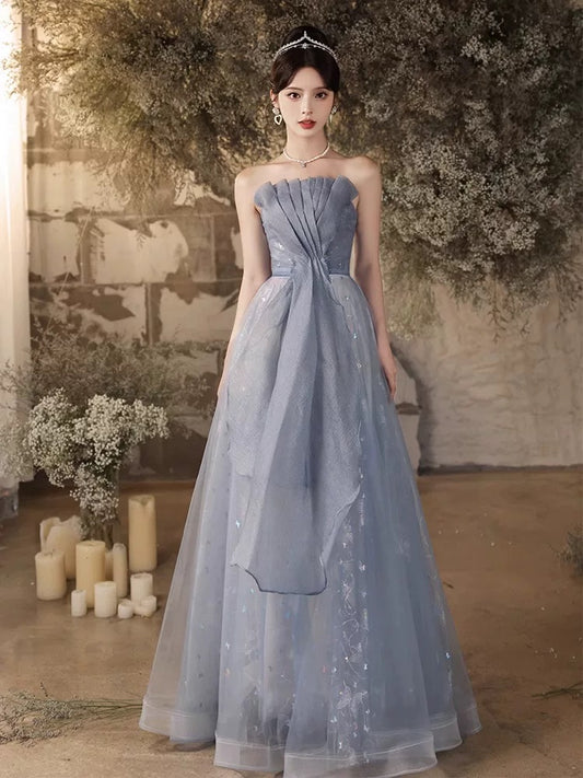 Timeless A Line Strapless Dusty Blue Tulle Date Night Outfits Semi Formal Prom Gown Wedding Guest Dresses RB5272