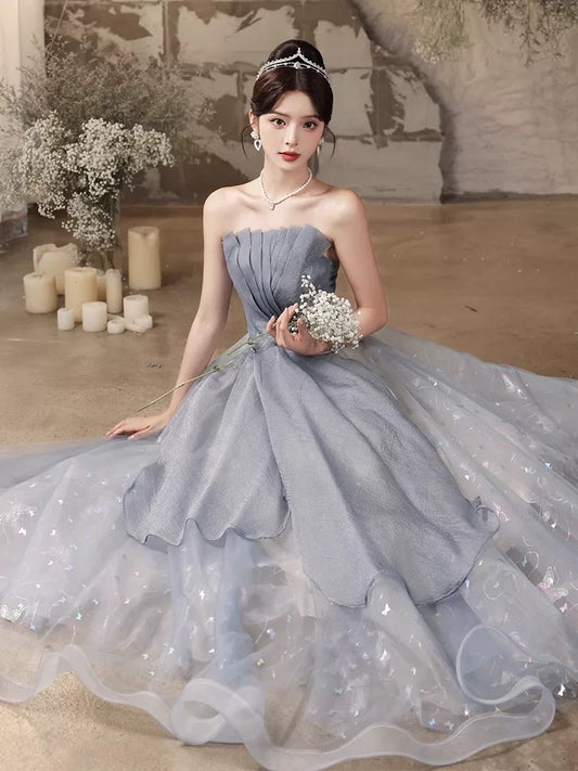 Timeless A Line Strapless Dusty Blue Tulle Date Night Outfits Semi Formal Prom Gown Wedding Guest Dresses RB5272