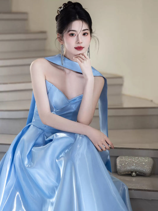 Unique A Line Sweetheart Blue Satin With Scarf Date Night Outfits Semi Formal Prom Wedding Guest Dresses RB5270
