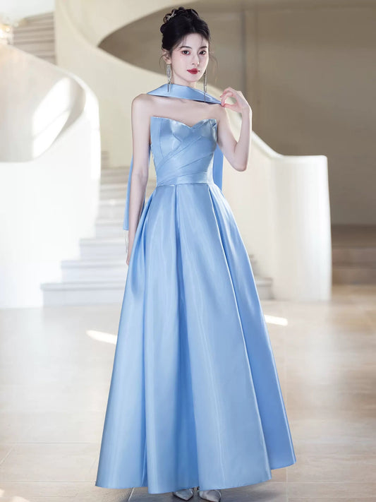 Unique A Line Sweetheart Blue Satin With Scarf Date Night Outfits Semi Formal Prom Wedding Guest Dresses RB5270