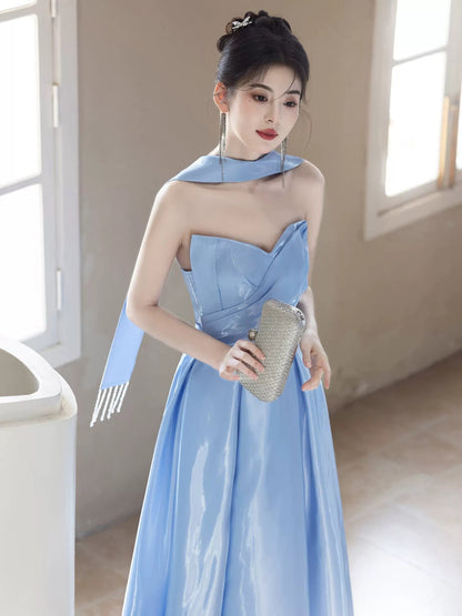 Unique A Line Sweetheart Blue Satin With Scarf Date Night Outfits Semi Formal Prom Wedding Guest Dresses RB5270