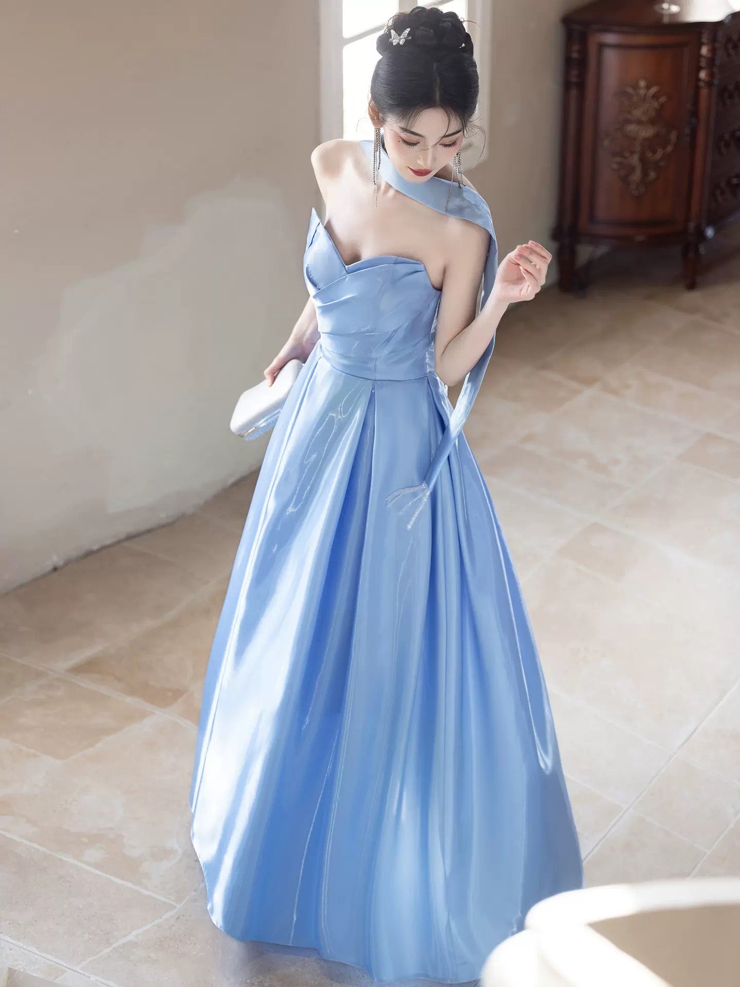 Unique A Line Sweetheart Blue Satin With Scarf Date Night Outfits Semi Formal Prom Wedding Guest Dresses RB5270