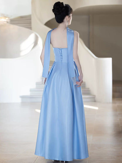 Unique A Line Sweetheart Blue Satin With Scarf Date Night Outfits Semi Formal Prom Wedding Guest Dresses RB5270