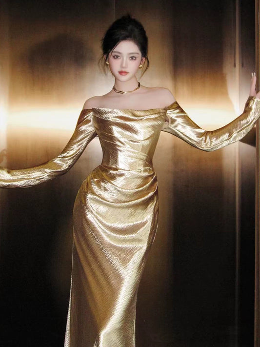 Unique Women's Mermaid Off The Shoulder Gold Satin With Sleeves Date Night Outfits Semi Formal Prom Wedding Guest Dresses RB5268
