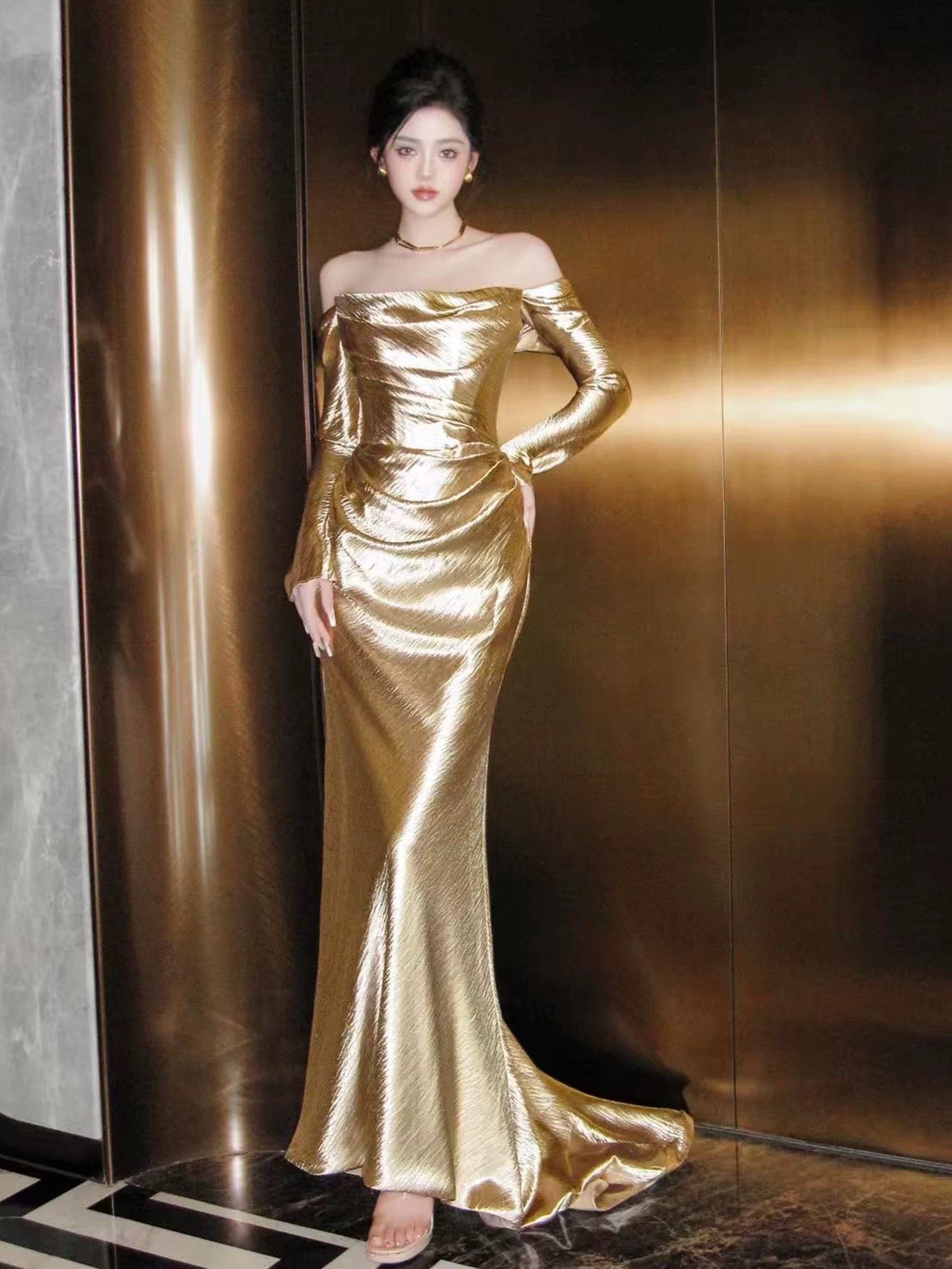 Unique Women's Mermaid Off The Shoulder Gold Satin With Sleeves Date Night Outfits Semi Formal Prom Wedding Guest Dresses RB5268