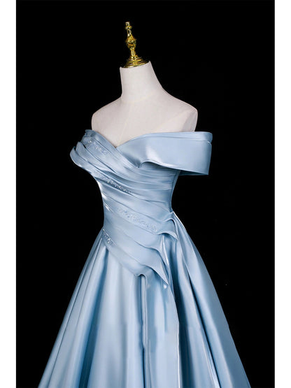 Cute Prom Dress Ball Gown Off The Shoulder Blue Satin Long Quinceanera Dresses Sweet 16 Dress Formal Outfits RB5266