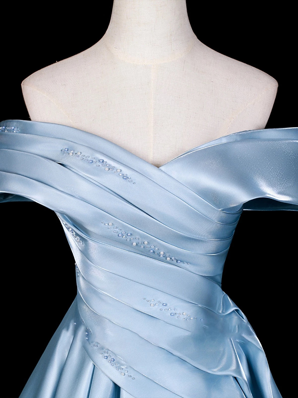 Cute Prom Dress Ball Gown Off The Shoulder Blue Satin Long Quinceanera Dresses Sweet 16 Dress Formal Outfits RB5266