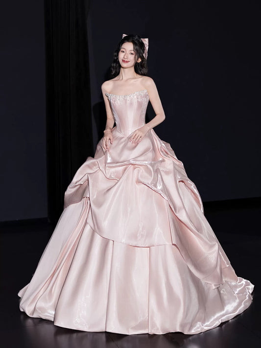 Cute Prom Dress Ball Gown Strapless Pink Satin Long Quinceanera Dresses Sweet 16 Dress Formal Outfits RB5267