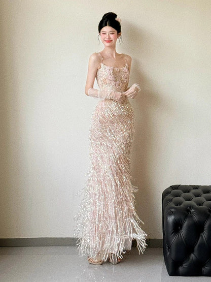 Flamboyant Women's Mermaid Spaghetti Strap Sequined Slit Maxi Date Night Evening Outfit Formal Prom Dresses RB5269