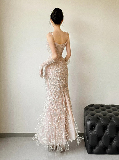 Flamboyant Women's Mermaid Spaghetti Strap Sequined Slit Maxi Date Night Evening Outfit Formal Prom Dresses RB5269
