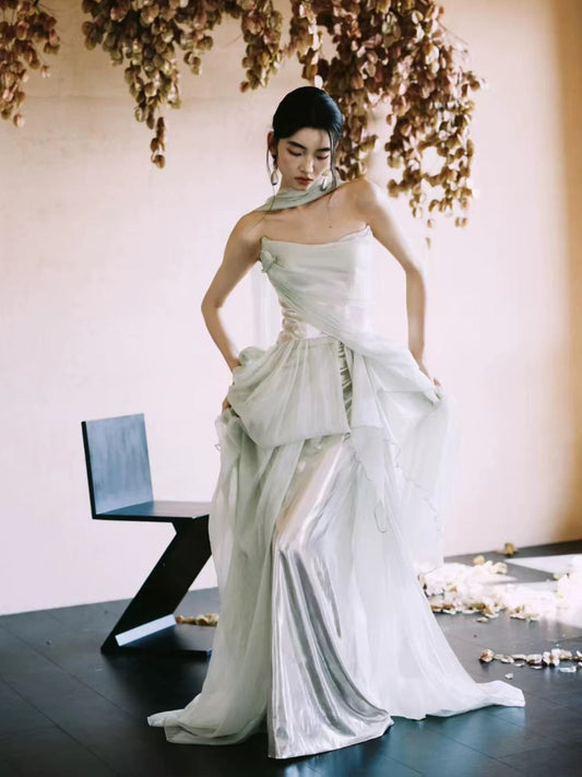 Unique Women's Mermaid Strapless Mint Green Tulle With Scarf Date Night Outfits Outdoor Semi Formal Prom Wedding Guest Dresses RB5264