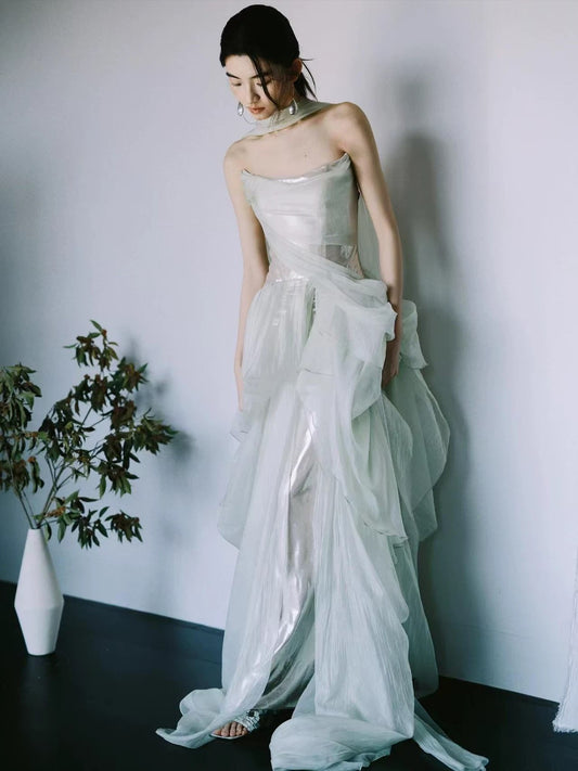 Unique Women's Mermaid Strapless Mint Green Tulle With Scarf Date Night Outfits Outdoor Semi Formal Prom Wedding Guest Dresses RB5264