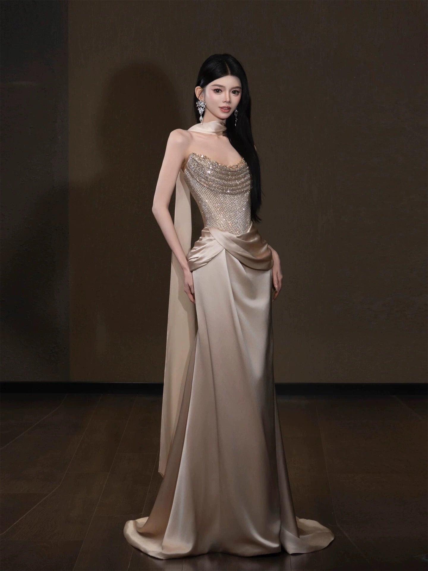 Flamboyant Women's Mermaid Strapless Champagne With Scarf Maxi Dress Date Night Evening Outfit Formal Prom Dresses RB5262