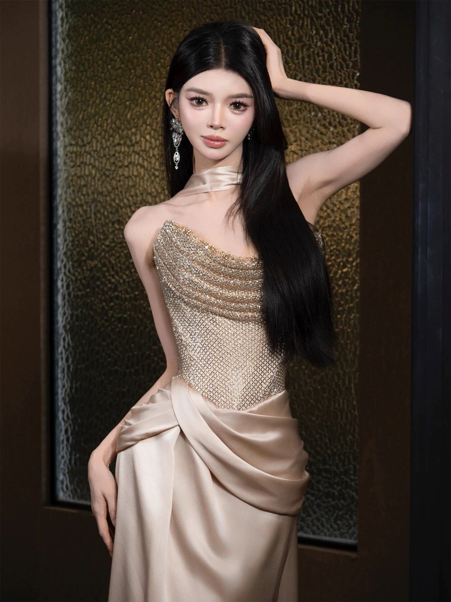 Flamboyant Women's Mermaid Strapless Champagne With Scarf Maxi Dress Date Night Evening Outfit Formal Prom Dresses RB5262