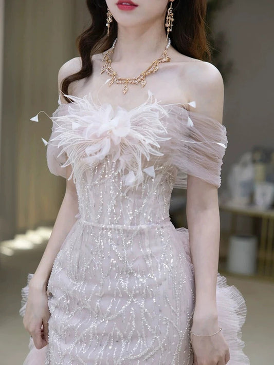Unique Women's Mermaid Off The Shoulder Tulle Pink Sequined Date Night Outfits Outdoor Semi Formal Prom Wedding Guest Dresses RB5261