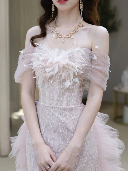 Unique Women's Mermaid Off The Shoulder Tulle Pink Sequined Date Night Outfits Outdoor Semi Formal Prom Wedding Guest Dresses RB5261
