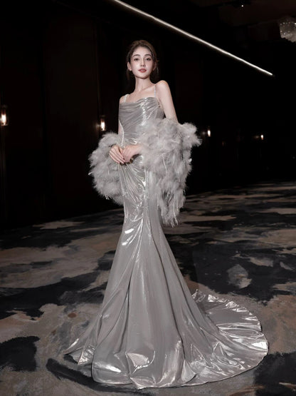 Flamboyant Women's Mermaid Spaghetti Strap With Cape Maxi Dress Date Night Evening Outfit Formal Prom Dresses RB5263