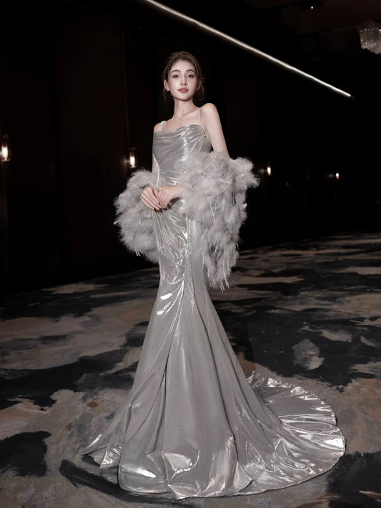 Flamboyant Women's Mermaid Spaghetti Strap With Cape Maxi Dress Date Night Evening Outfit Formal Prom Dresses RB5263
