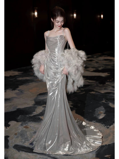 Flamboyant Women's Mermaid Spaghetti Strap With Cape Maxi Dress Date Night Evening Outfit Formal Prom Dresses RB5263