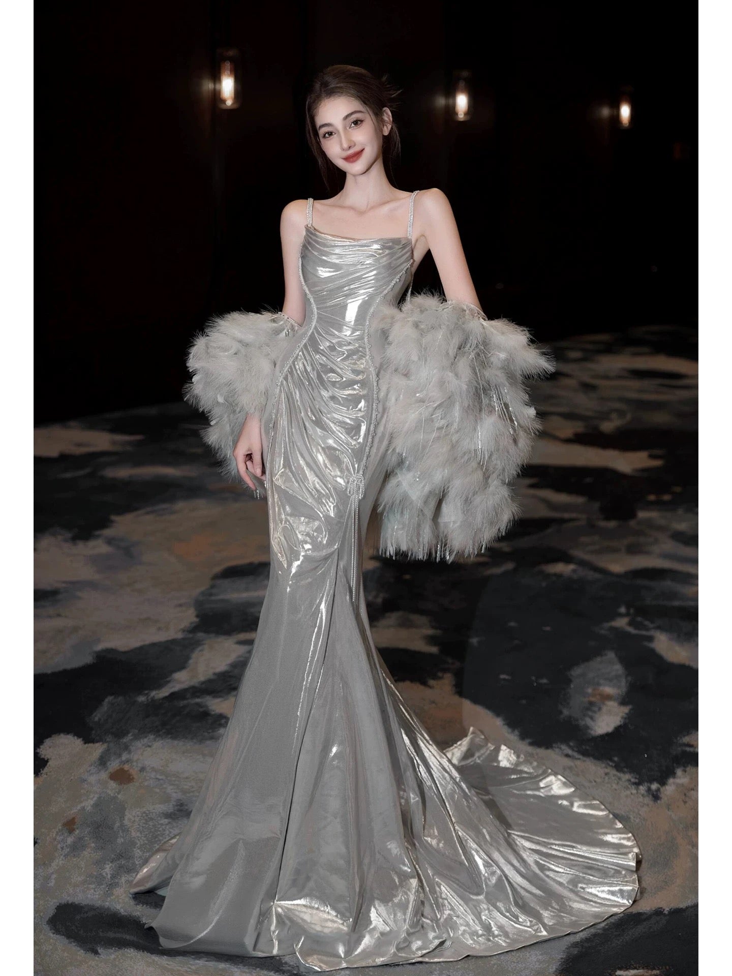 Flamboyant Women's Mermaid Spaghetti Strap With Cape Maxi Dress Date Night Evening Outfit Formal Prom Dresses RB5263