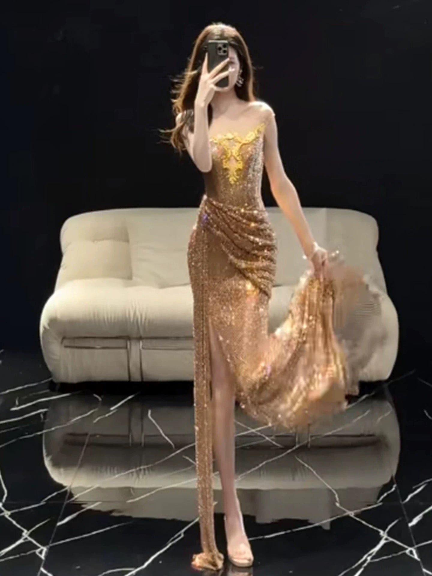 Sparkly Mermaid Strapless Gold Sequined With High Split Long Prom Evening Dresses Inspo Evening Outfits RB5194
