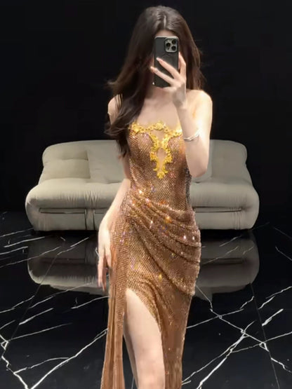 Sparkly Mermaid Strapless Gold Sequined With High Split Long Prom Evening Dresses Inspo Evening Outfits RB5194