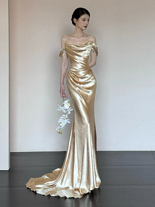 Unique Women's Mermaid Off The Shoulder Gold Maxi Dress Date Night Outfits Semi Formal Prom Dresses RB5196