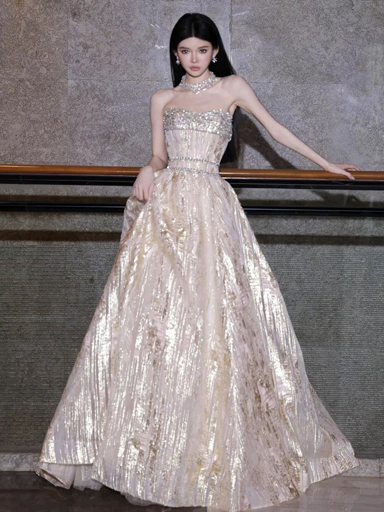 Sparkly A Line Strapless Gold Sequined With Silver Beading Long Prom Evening Dresses Inspo Evening Outfits RB5197
