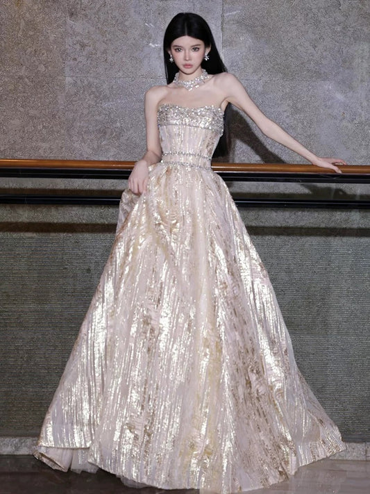 Sparkly A Line Strapless Gold Sequined With Silver Beading Long Prom Evening Dresses Inspo Evening Outfits RB5197