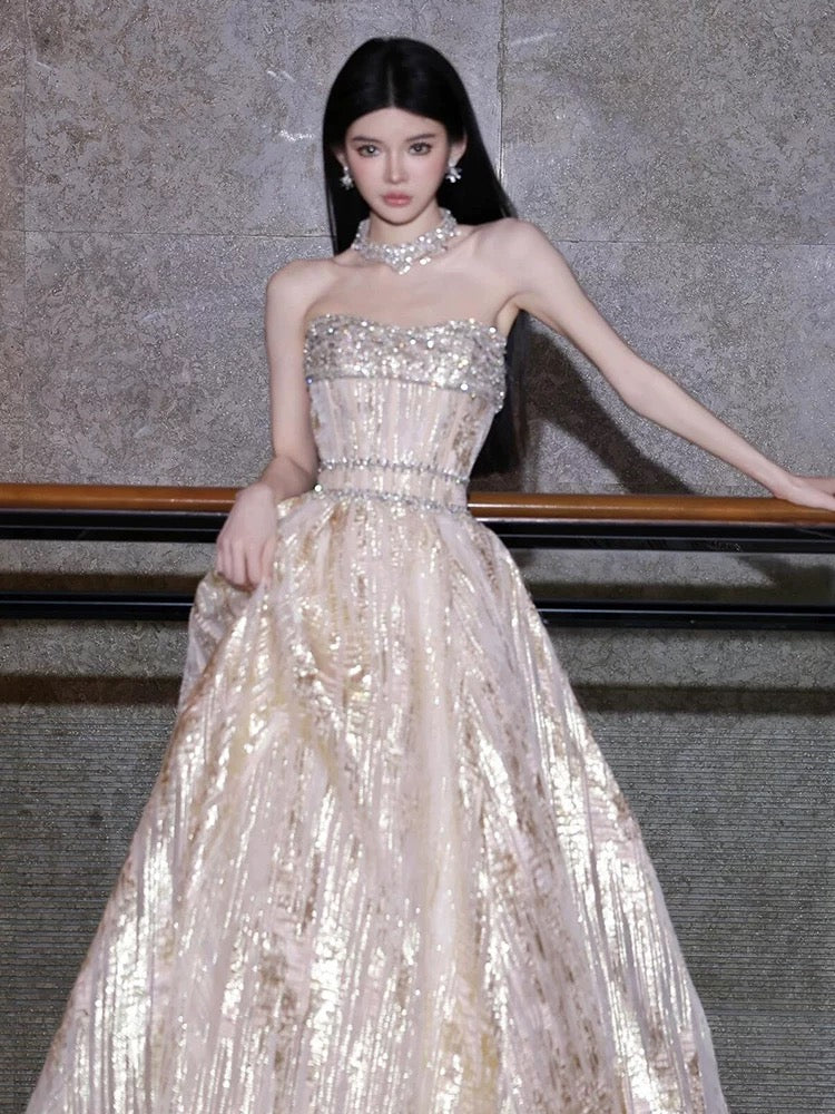 Sparkly A Line Strapless Gold Sequined With Silver Beading Long Prom Evening Dresses Inspo Evening Outfits RB5197