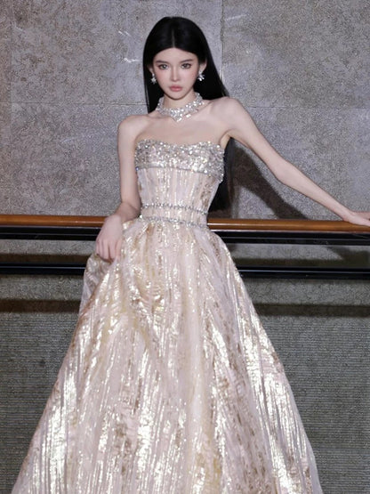 Sparkly A Line Strapless Gold Sequined With Silver Beading Long Prom Evening Dresses Inspo Evening Outfits RB5197