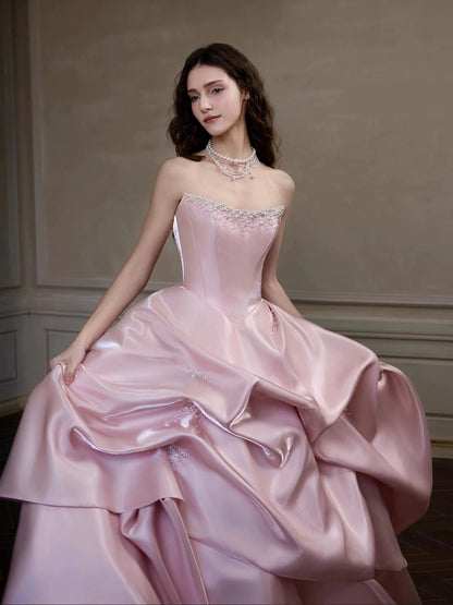 Cute Prom Dress Ball Gown Strapless Pink With Beads Floor Length Quinceanera Dresses Evening Formal Outfits RB5199